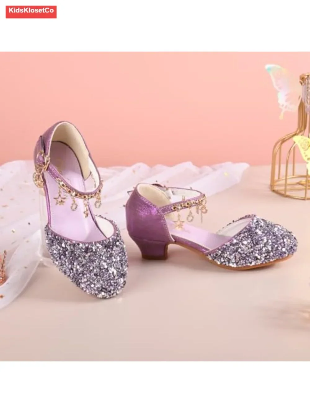 Girls Sequined Mary Jane Low Heel Dress Shoes with Hook and Loop Strap for